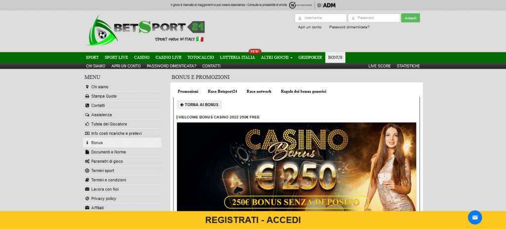 Bonus benvenuto Betsport24 Casinò 