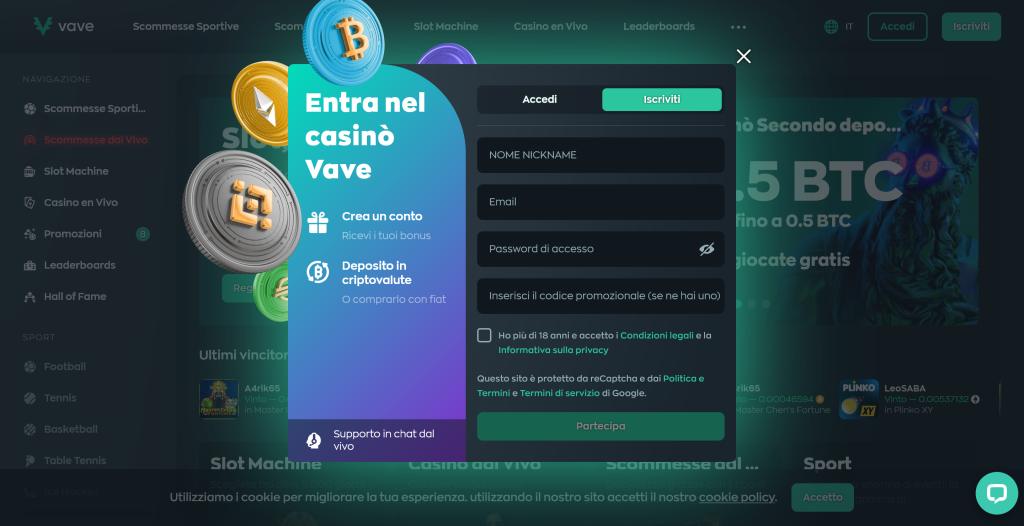 Iscrizione Vave Casinò criptovaluta