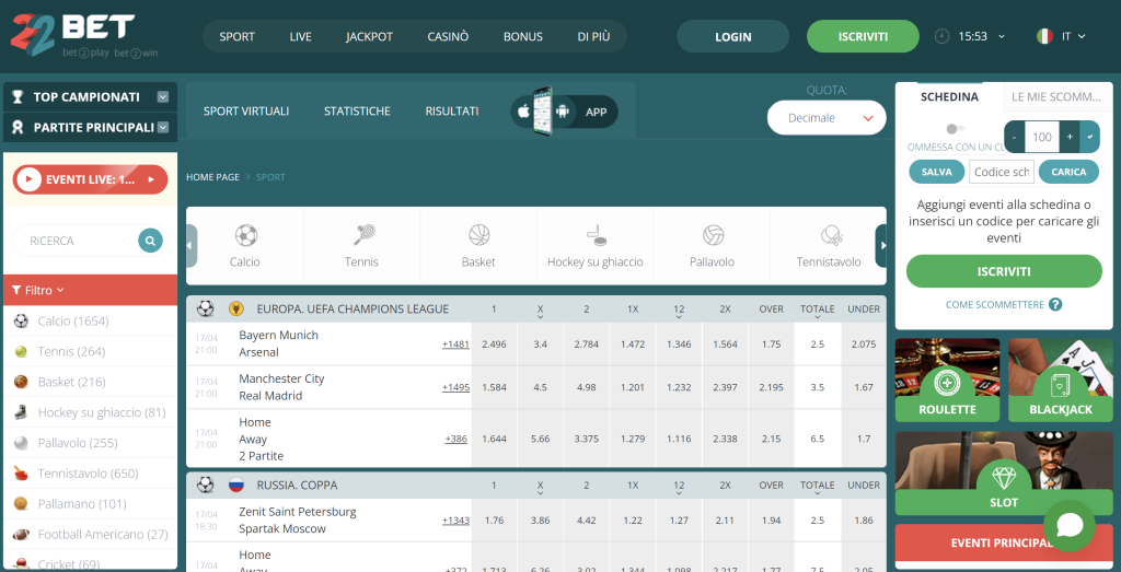 22bet bookmaker non aams Palinsesto 22Bet Scommesse